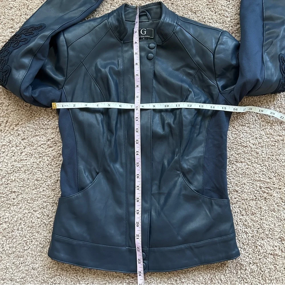G by Guiliana Vintage Vegan Leather Beaded Embroidered Floral Navy Jacket Size 0